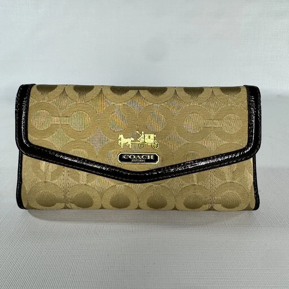 VINTAGE Coach Madison Op Art Checkbook Wallet | Khaki Brown Canvas Patent Leathe